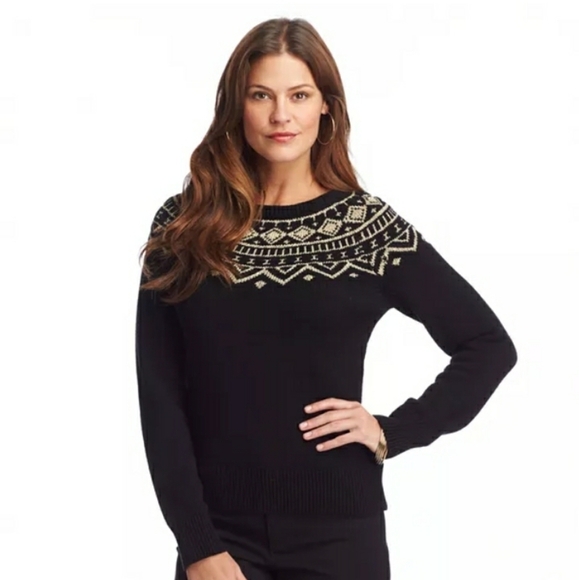 Chaps Classic Petite Lurex Geometric Print Long Sleeve Black Cream Sweater - Picture 9 of 10